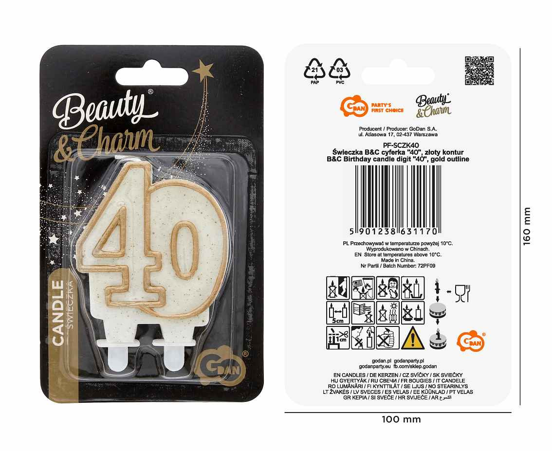 Double digit candle "40", gold outline, 8 cm